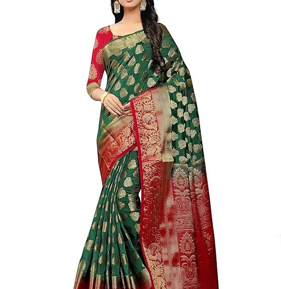 Dark Green Saree With Red Border