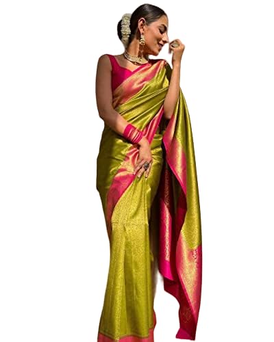 Parrot Green Silk Saree With Pink Blouse