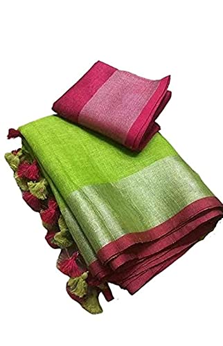 Parrot Green Silk Saree With Pink Blouse