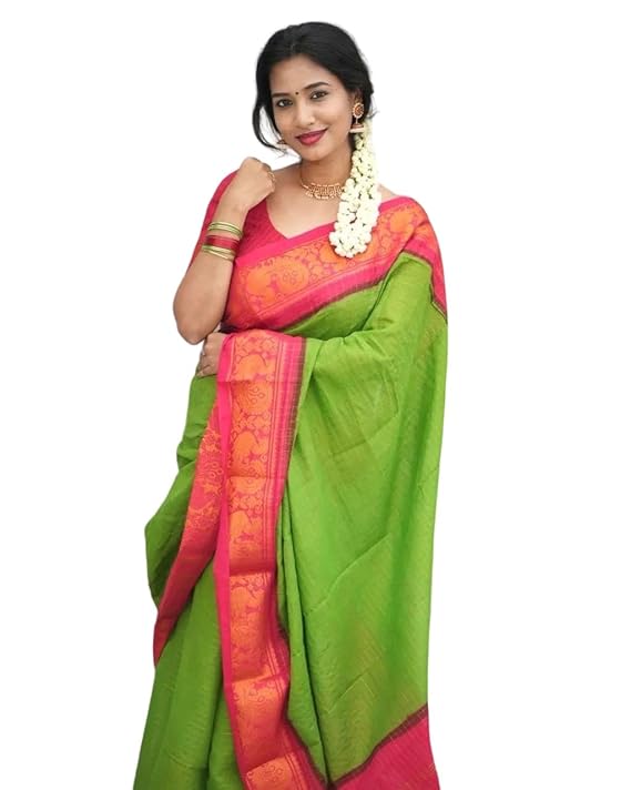 Parrot Green Silk Saree With Pink Blouse