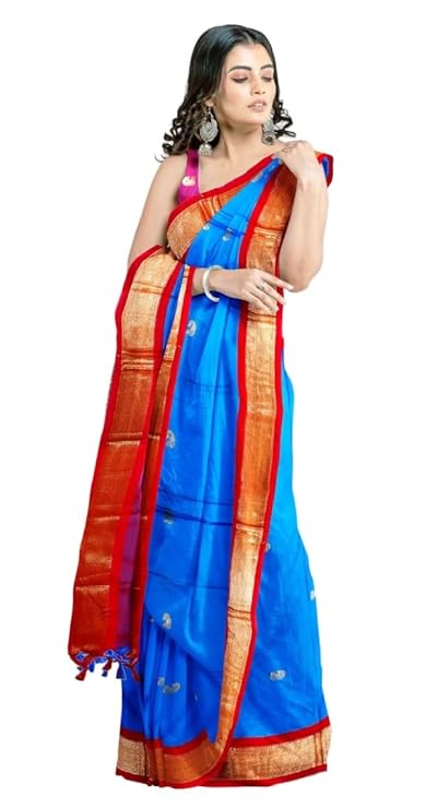 Blue Saree With Red Border